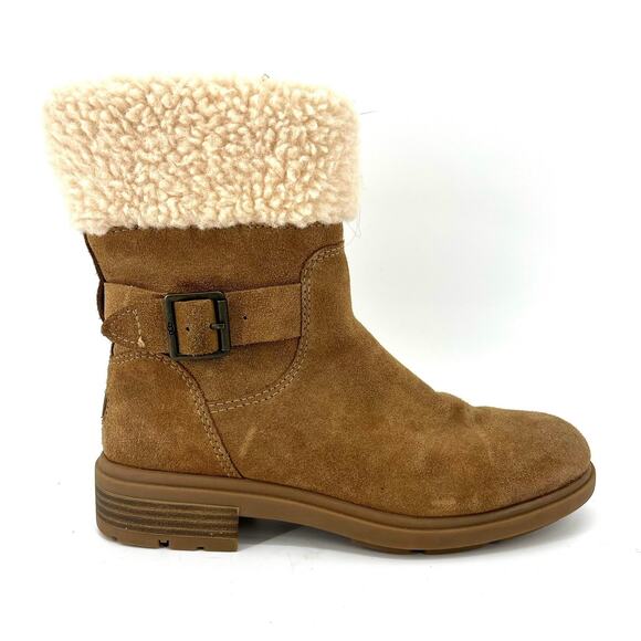 Ugg Women’s 7 Harrison Waterproof Chestnut Shearling Suede Ankle Boot Block Heel - Picture 1 of 9